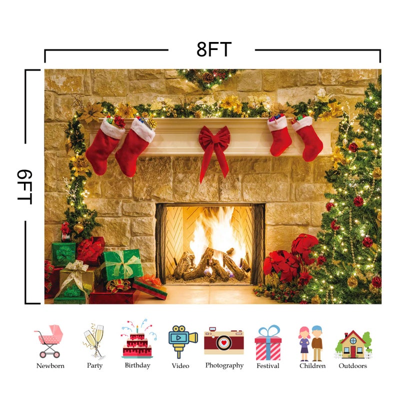 Haboke 8x6ft Christmas Fireplace Theme Backdrop for Photography Tree Sock Decorations for Xmas Party Supplies Photo Background Pictures Banner Studio Decor Booth Props - Image 5